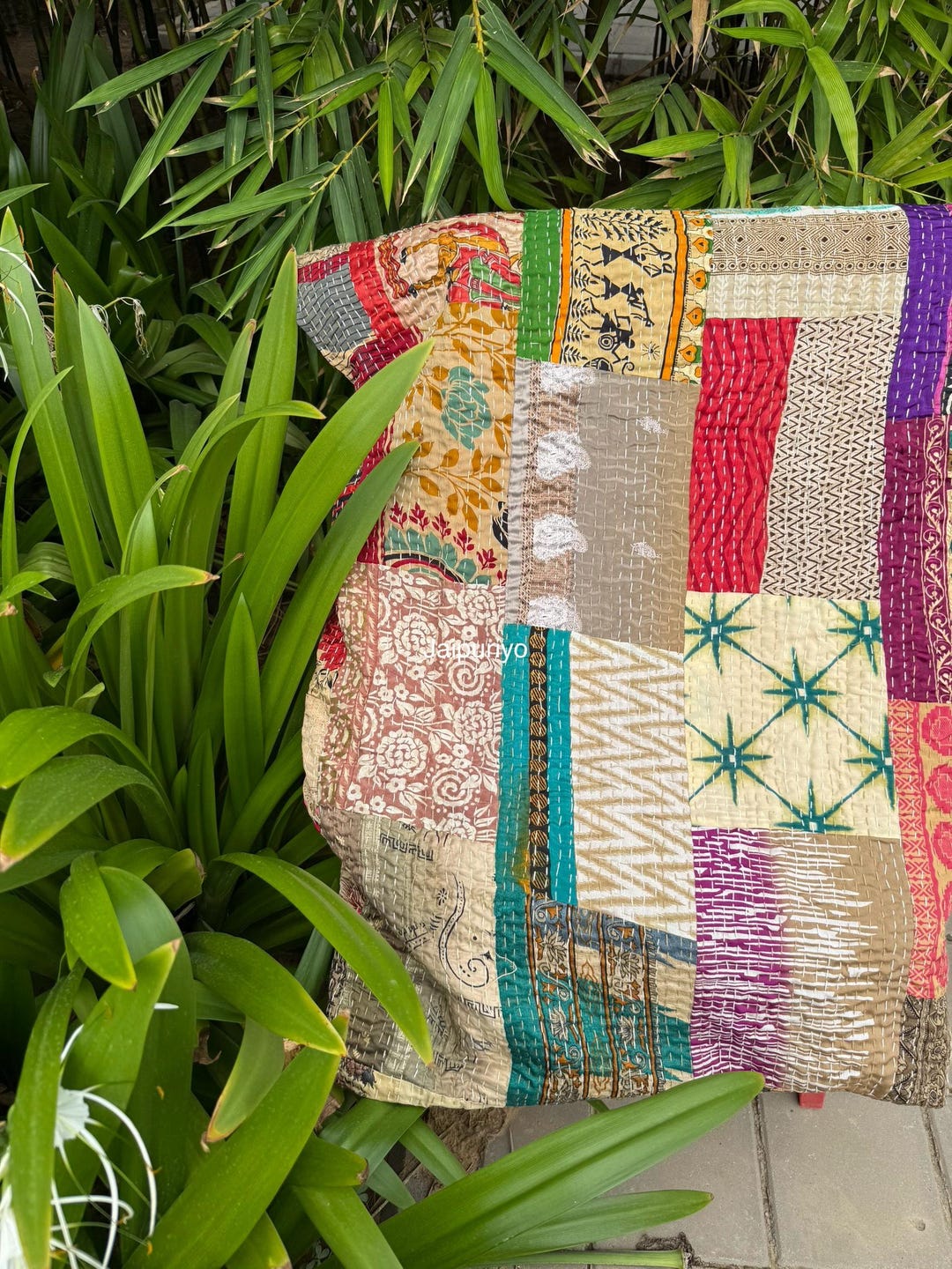 Indian Kantha Quilt Silk Patchwork Blanket Bedcover Comforter Picnic ...