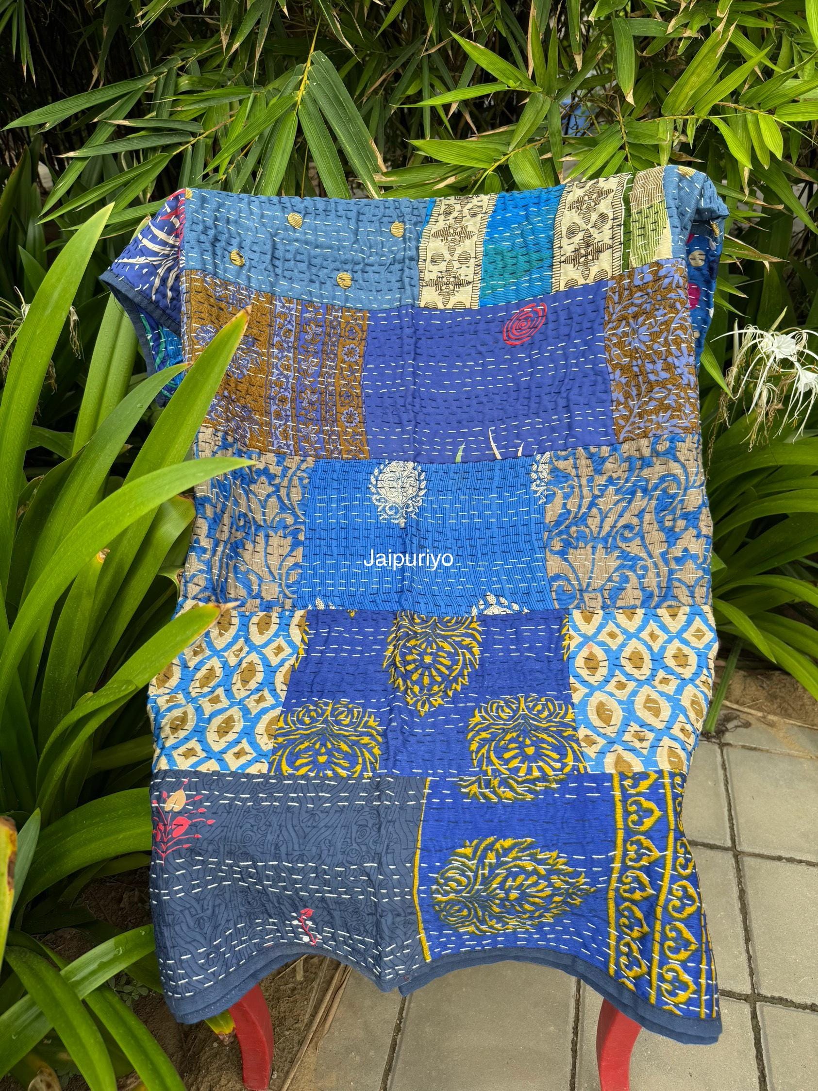 Orange Bohemian Kantha Quilt: Silk Patchwork Twin Bedspread - Etsy