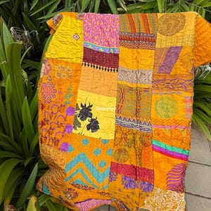 Multi Recycled Indian Sari Patchwork Blanket,Handmade Kantha Quilt