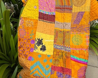 PATCHWORK KANTHA QUILT Indian Vintage Throw Blanket Bedcover Silk Handmade Bohemian Coverlets Queen Twin size Bedspread Quilts For Sale