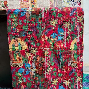 Indian Kantha Quilt Frida print Kantha Bedcover Bedding Kantha Bedspread Throw Cotton Kantha King Size Hand Stitched Sofa Quilts