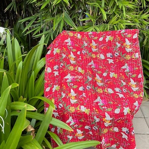 Floral Printed Indian Kantha Quilt Bohemian Kantha Quilts Handmade Quilts Indian Kantha Throw Blanket Bedspread Quilting Bed Cover,