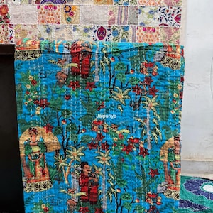 Floral Print Indian Kantha Quilt Bohemian Kantha Quilts Handmade Quilts Indian Kantha Throw Blanket Bedspread Quilting Bed Cover,