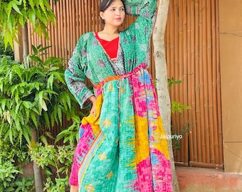Handmade Kantha Maxi Dress Women – Boho Hippie Clothing, Upcycled Cotton, Vintage Sari Patchwork, Adjustable Fit, Festival Wear