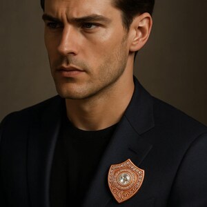 Puede incluir: Broche en forma de escudo de color cobre con una gema redonda y transparente en el centro. La broche est&aacute; adornada con gemas transparentes m&aacute;s peque&ntilde;as alrededor de la piedra central y a lo largo de los bordes. Se sujeta a una blazer azul marino oscuro.