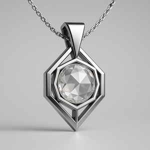 Puede incluir: Collar con colgante de plata con una gema clara y facetada engastada en un marco geom&eacute;trico en forma de diamante. El colgante cuelga de una fina cadena, creando un dise&ntilde;o moderno y elegante. La gema es el punto focal.