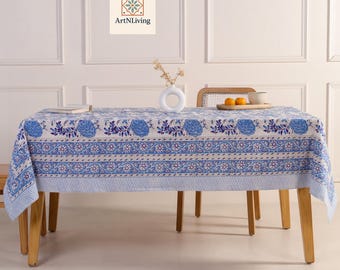 Hand Block Printed Cotton Tablecloth: Blue Purple Floral Boho Table Linen
