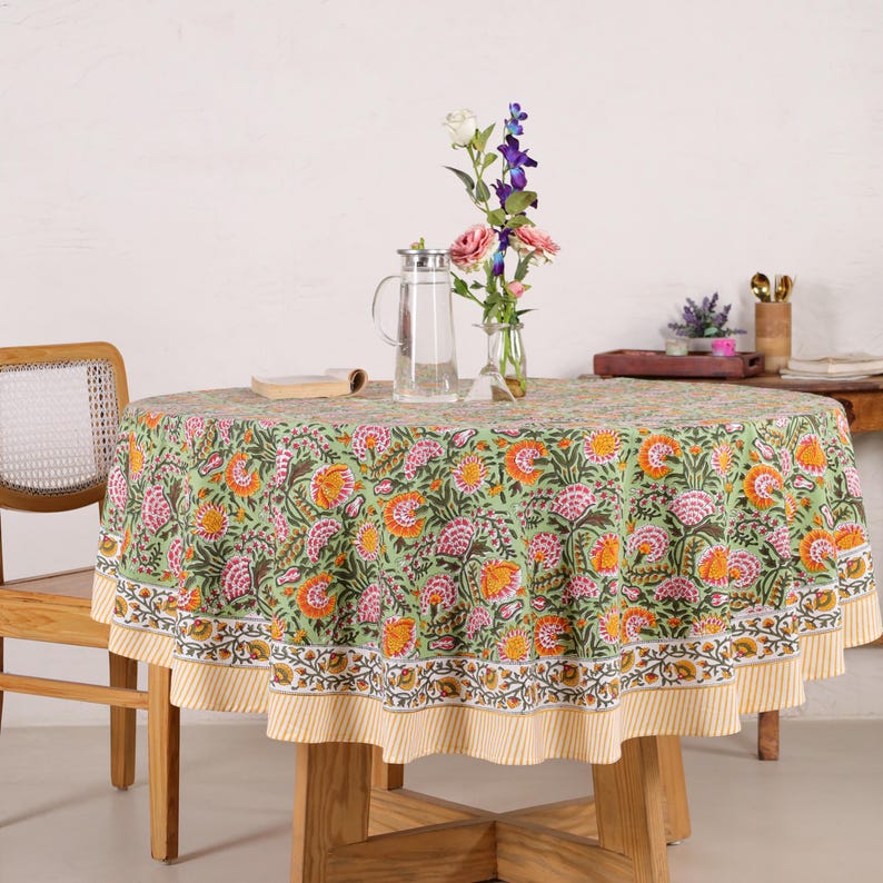 Hand Block Printed Round Tablecloth: Indian Floral Cotton Tablecloth Thanksgiving Gift handmade tablecloth, floral table cloth, housewarming gift, farmhouse tablecloth, Round Tablecloth, 72 Inch Round, Table Cover, Dining Table Cover, Home Decor, Table Cloth, tablecloth, Tablecloth Rectangle