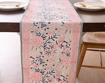 Pink Hand Block Printed Table Runner, Floral Print Boho Cotton Tablecloth Wedding Party Decor