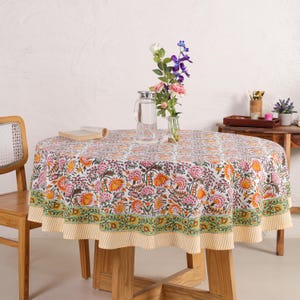 Block Printed Cotton Tablecloth, Yellow Blue Rectangle Floral Dining Table Cover, Boho Home Indoor Decor Housewarming wedding gift