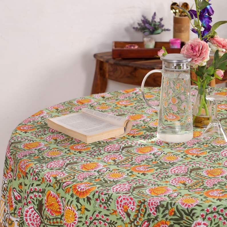Hand Block Printed Round Tablecloth: Indian Floral Cotton Tablecloth Thanksgiving Gift handmade tablecloth, floral table cloth, housewarming gift, farmhouse tablecloth, Round Tablecloth, 72 Inch Round, Table Cover, Dining Table Cover, Home Decor, Table Cloth, tablecloth, Tablecloth Rectangle