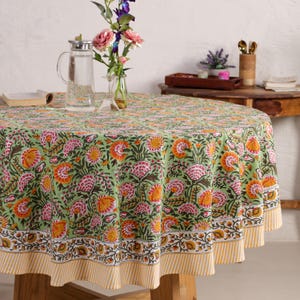 Hand Block Printed Round Tablecloth: Indian Floral Cotton Tablecloth Thanksgiving Gift handmade tablecloth, floral table cloth, housewarming gift, farmhouse tablecloth, Round Tablecloth, 72 Inch Round, Table Cover, Dining Table Cover, Home Decor, Table Cloth, tablecloth, Tablecloth Rectangle