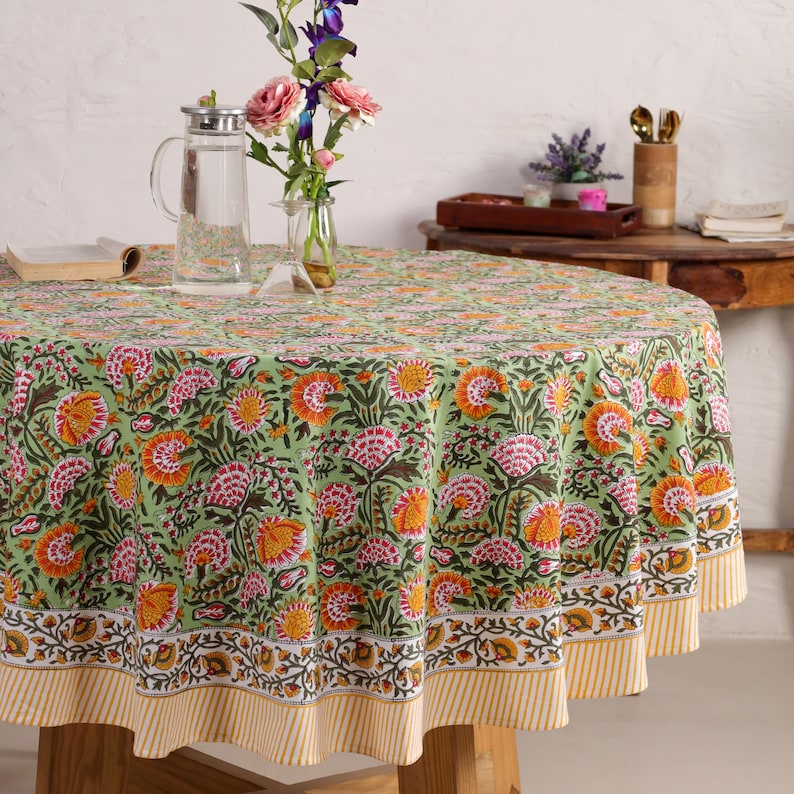 Hand Block Printed Round Tablecloth: Indian Floral Cotton Tablecloth Thanksgiving Gift handmade tablecloth, floral table cloth, housewarming gift, farmhouse tablecloth, Round Tablecloth, 72 Inch Round, Table Cover, Dining Table Cover, Home Decor, Table Cloth, tablecloth, Tablecloth Rectangle