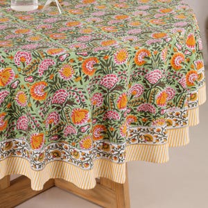 Hand Block Printed Round Tablecloth: Indian Floral Cotton Tablecloth Thanksgiving Gift handmade tablecloth, floral table cloth, housewarming gift, farmhouse tablecloth, Round Tablecloth, 72 Inch Round, Table Cover, Dining Table Cover, Home Decor, Table Cloth, tablecloth, Tablecloth Rectangle
