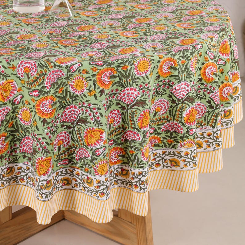 Hand Block Printed Round Tablecloth: Indian Floral Cotton Tablecloth Thanksgiving Gift handmade tablecloth, floral table cloth, housewarming gift, farmhouse tablecloth, Round Tablecloth, 72 Inch Round, Table Cover, Dining Table Cover, Home Decor, Table Cloth, tablecloth, Tablecloth Rectangle