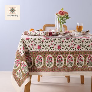Indian Block Printed Tablecloth, Boho Cotton Floral Print Table Cover, Tablecloth For Dining, Kitchen With Mats and Napkin Housewarming Gift