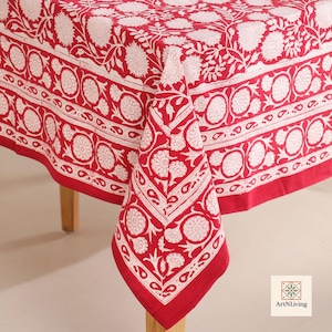 Hand Block Printed Floral Tablecloth: Bohemian Cotton Table Cover