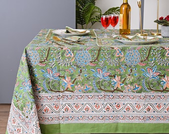 Green Hand Block Printed Cotton Tablecloth Set: Indian Floral Boho Dining