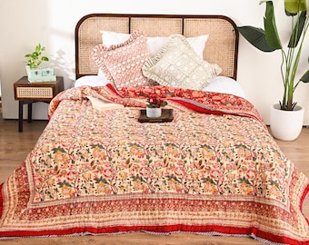 Boho Hand Block Printed Quilted Cotton Comforter Floral Bed Cover King Queen Bedspread