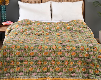 Boho Hand Block Printed Quilted Cotton Comforter Floral Bed Cover King Queen Bedspread