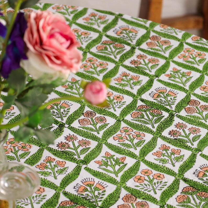 Hand Block Printed Round Tablecloth: Indian Floral Cotton Table Linen ...