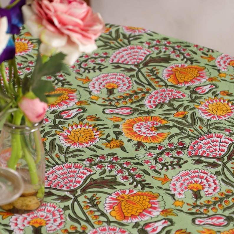 Hand Block Printed Round Tablecloth: Indian Floral Cotton Table Linen ...