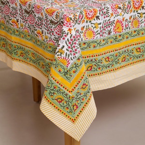 Indian Block Printed Tablecloth, Natural Rose Print Table Cover, Beautiful Rectangle Tablecloth For Dining and Kitchen With Mats and Napkins
