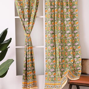 Boho Floral Hand Block Print Cotton Curtains, Kitchen Drapes, Farmhouse Window Panels 2 Pcs