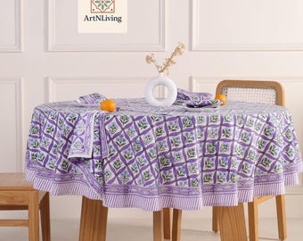 Hand Block Printed Cotton Tablecloth: Purple Green Floral Boho Dining