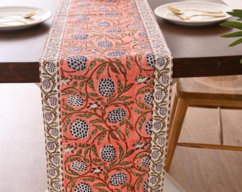 Hand Block Printed Table Runner, Floral Print Wedding Party Decor, Boho Decor Linen Tablecloth 19x108 Inches