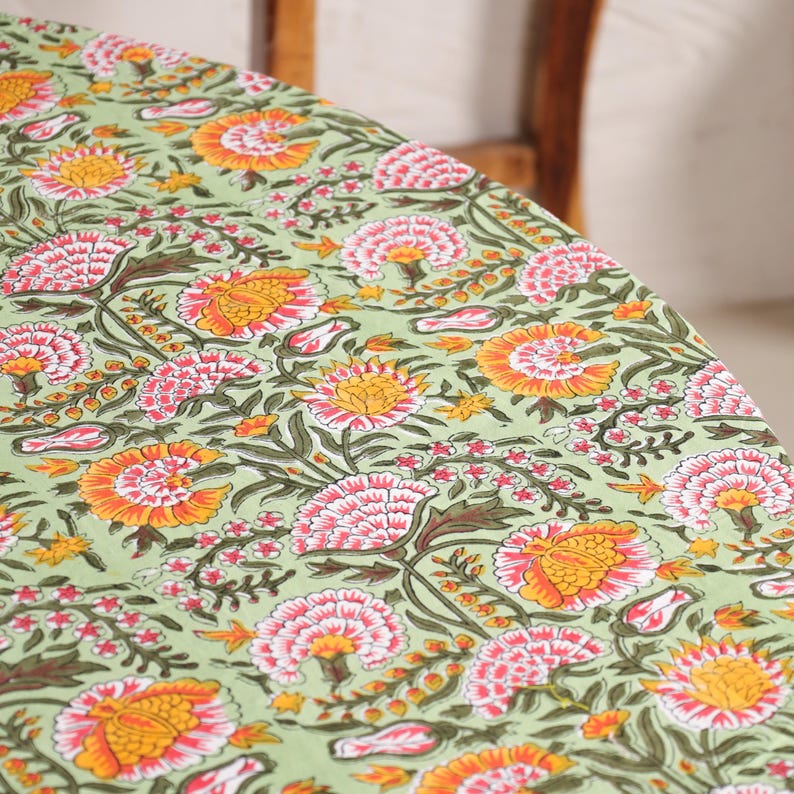 Hand Block Printed Round Tablecloth: Indian Floral Cotton Tablecloth Thanksgiving Gift handmade tablecloth, floral table cloth, housewarming gift, farmhouse tablecloth, Round Tablecloth, 72 Inch Round, Table Cover, Dining Table Cover, Home Decor, Table Cloth, tablecloth, Tablecloth Rectangle