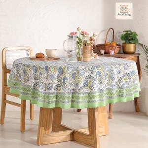 Bohemian Block Printed Tablecloth Cotton Floral Dining Table Cover Boho Housewarming Wedding Gift Home Decor Table Linen Rectangle Round