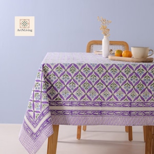 Bohemian Indian Block Printed Tablecloth, Cotton Print Table Cover, Beautiful Floral Tablecloth For Dining and Kitchen With Mats and Napkins