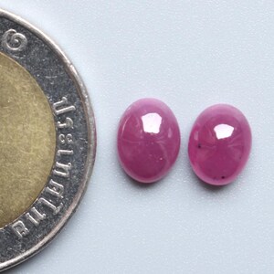 May include: Two oval-shaped, polished, deep pink gemstones next to a coin. The gemstones have a high luster and reflect light. The coin is silver and gold in color, with text and a design.