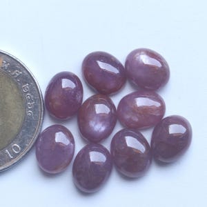 Pu&ograve; includere: Una collezione di nove gemme ovali, lucide, rosso-violacee. Le gemme sono disposte su una superficie bianca accanto a una moneta. Le gemme hanno una superficie liscia e riflettente e variano leggermente per colore e tonalit&agrave;.