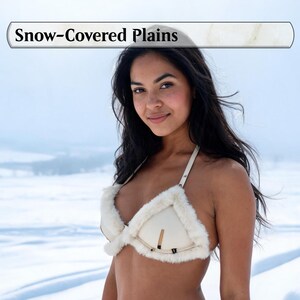 May include: A woman wearing a cream-colored bikini top with faux fur trim, standing in a snow-covered field. The top has a geometric design with leather straps. The text "Snow-Covered Plains" is displayed above the woman.
