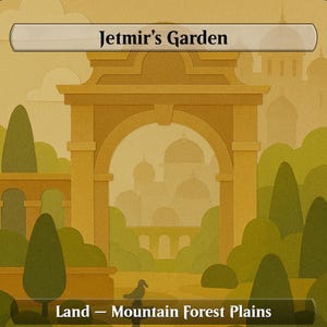 Peut inclure: Illustration stylisée d'une scène de jardin avec le texte "Jetmir's Garden". L'image présente une arche, des arbres et un oiseau. Le bas de l'image indique "Land - Mountain Forest Plains."