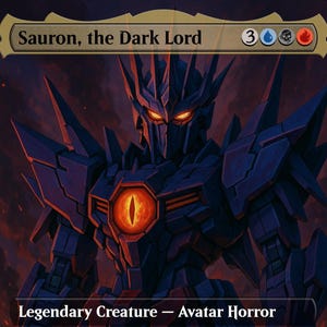 May include: A trading card featuring Sauron, the Dark Lord. The card depicts a dark blue, mechanical figure with glowing orange eyes and a central eye. Text includes "Legendary Creature - Avatar Horror".
