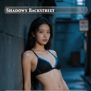 Può includere: Una donna indossa un top bikini nero con rifiniture blu, appoggiata a un muro scuro. L'immagine ha il testo "Shadowy Backstreet" in alto. Lo sfondo è un vicolo buio.
