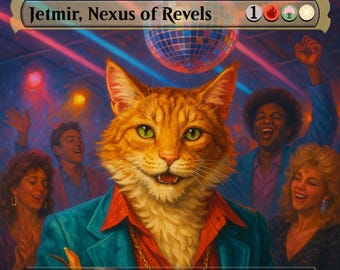May include: An illustration of a cat-like creature in a disco setting. The cat is wearing a red shirt and a teal jacket, with a gold chain. The image includes the text "Jetmir, Nexus of Revels" and "Legendary Creature - Cat Demon".
