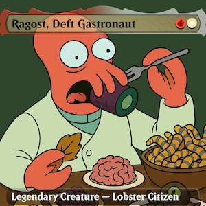 May include: A cartoon image of a red alien character, "Ragost, Deft Gastronaut," eating with a fork. The character is wearing a white lab coat and has a surprised expression. A plate of food and a bowl of what appears to be fried food are on the table.