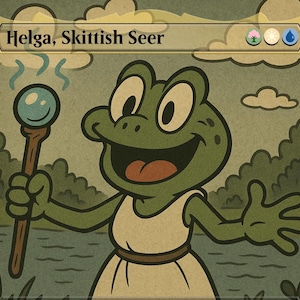 May include: Illustration of a cartoon frog character named Helga, Skittish Seer, holding a staff with a blue orb. The frog is green with a white dress, set against a backdrop of a lake and trees. The text "Helga, Skittish Seer" is at the top.