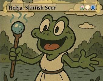 Helga, la vidente nerviosa – Baraja de Hidra de dibujos animados vintage (MTG Commander, juego personalizado sin marco ni texto)