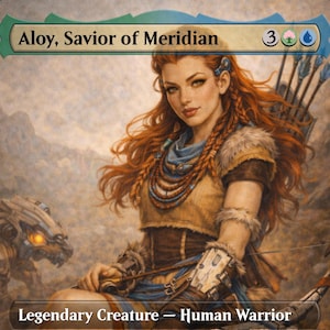 Op de afbeelding: Een fantasy art kaart met een vrouw met rood haar, een boog en pijlen. De kaart leest "Aloy, Savior of Meridian" en "Legendary Creature - Human Warrior". Het kunstwerk heeft een gedetailleerde, schilderachtige stijl met een gedempt kleurenpalet.