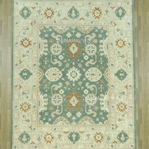 Handmade Green Wool Oushak Rug: Traditional Turkish Farmhouse Carpet