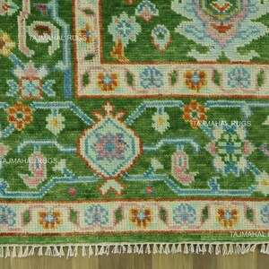 Handwoven Green Oushak Wool Rug: Oriental Floral Turkish Carpet