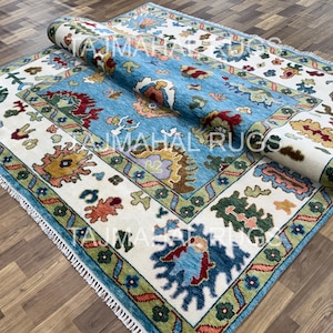 Hand-Knotted Wool Oushak Rug: 8x10 Blue Tribal Carpet