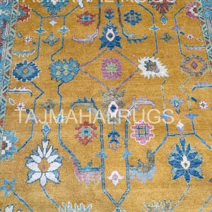 Hand Knotted Wool Oushak Rug: Mustard Yellow, Floral Turkish Carpet