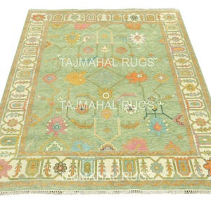 Handmade Green Oushak Wool Rug: Floral Turkish Style, Boho Farmhouse Decor