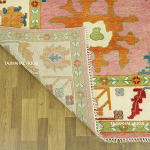 Hand-Knotted Oushak Wool Rug: 9x12 Pink Floral Vintage Style